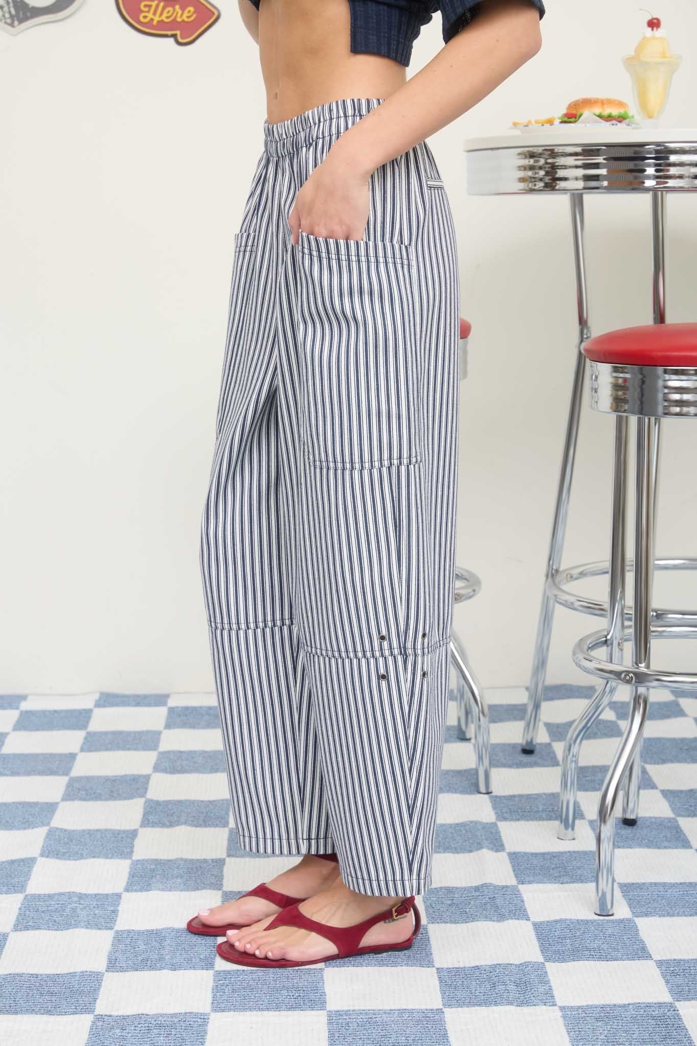 Elastic Waist Oversized Pocket Pants (Navy Pinstripe)