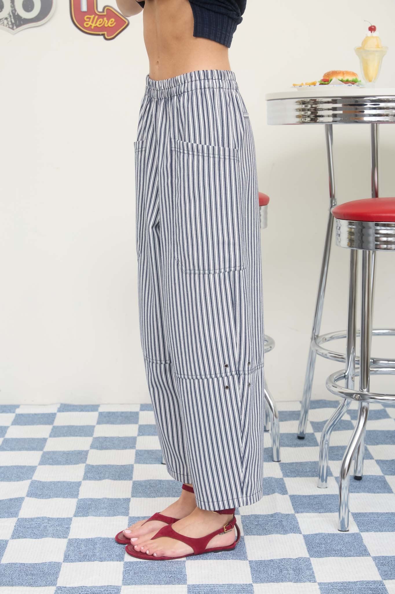 Elastic Waist Oversized Pocket Pants (Navy Pinstripe)