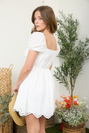 Embroidered Puff Sleeve Scallop Hem Mini Dress