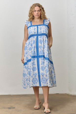 Printed Smocked Bodice Ruffle Strap Midi Dress (1X - 3X)