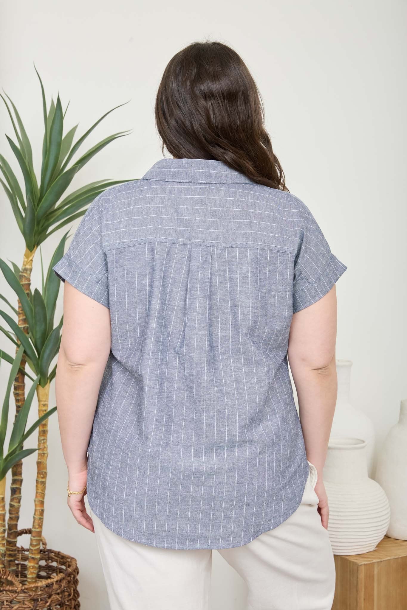 Linen Blend Collared Short Sleeve Top (1X - 3X)