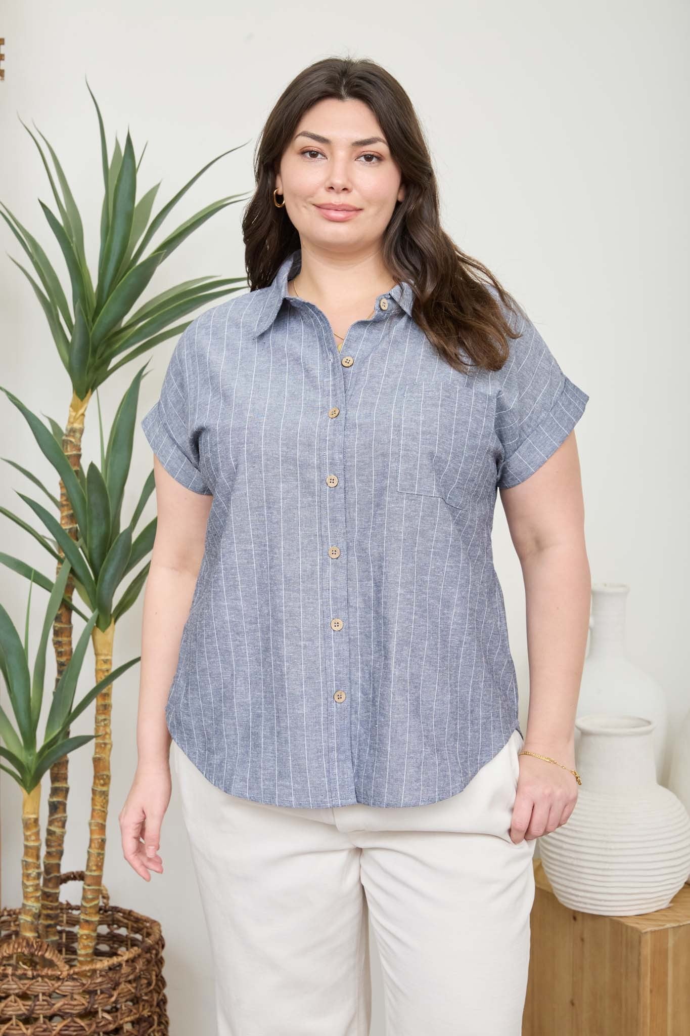 Linen Blend Collared Short Sleeve Top (1X - 3X)