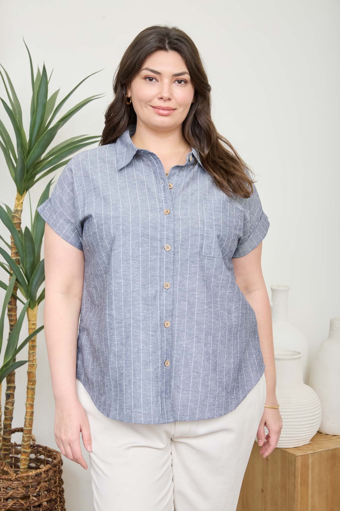 Linen Blend Collared Short Sleeve Top (1X - 3X)