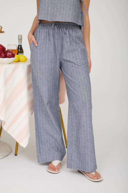 Pinstripe Linen Blend Elastic Waist Pants