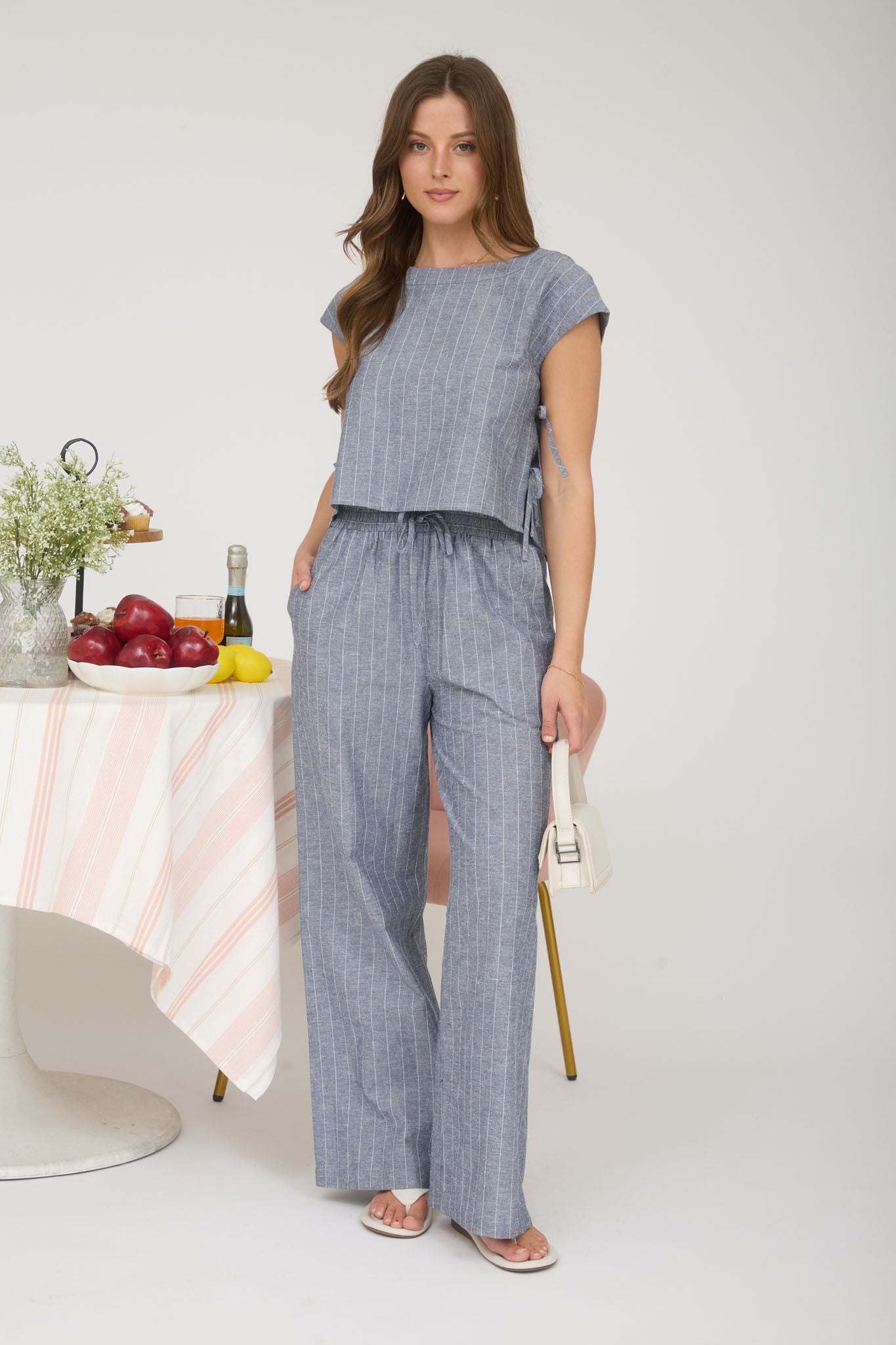 Pinstripe Linen Blend Elastic Waist Pants