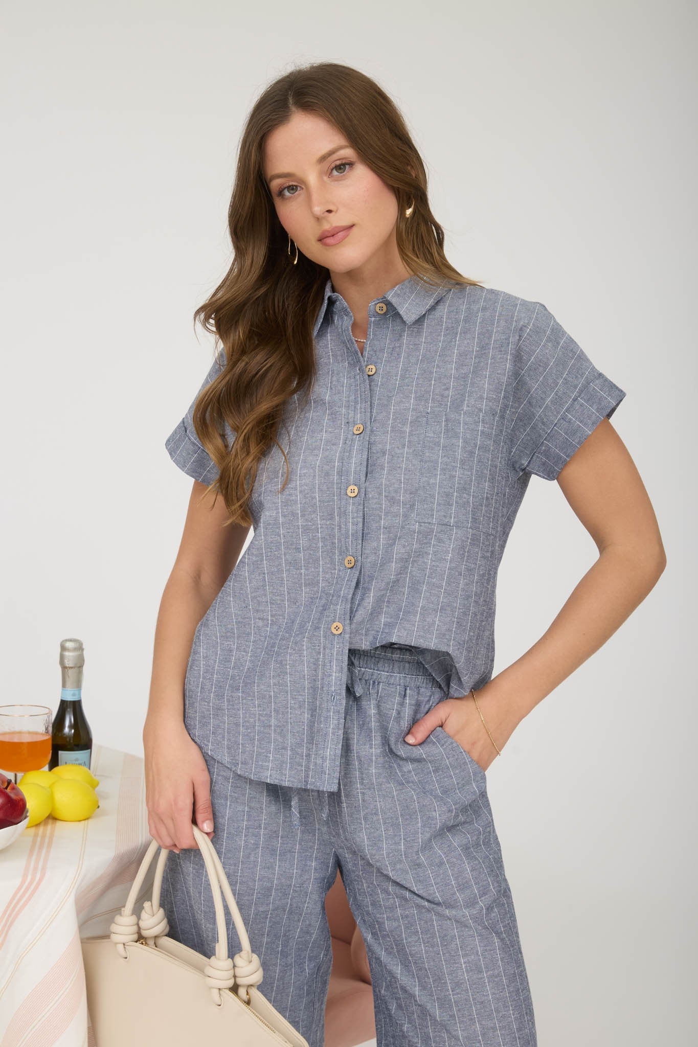 Linen Blend Collared Short Sleeve Top (S - L)