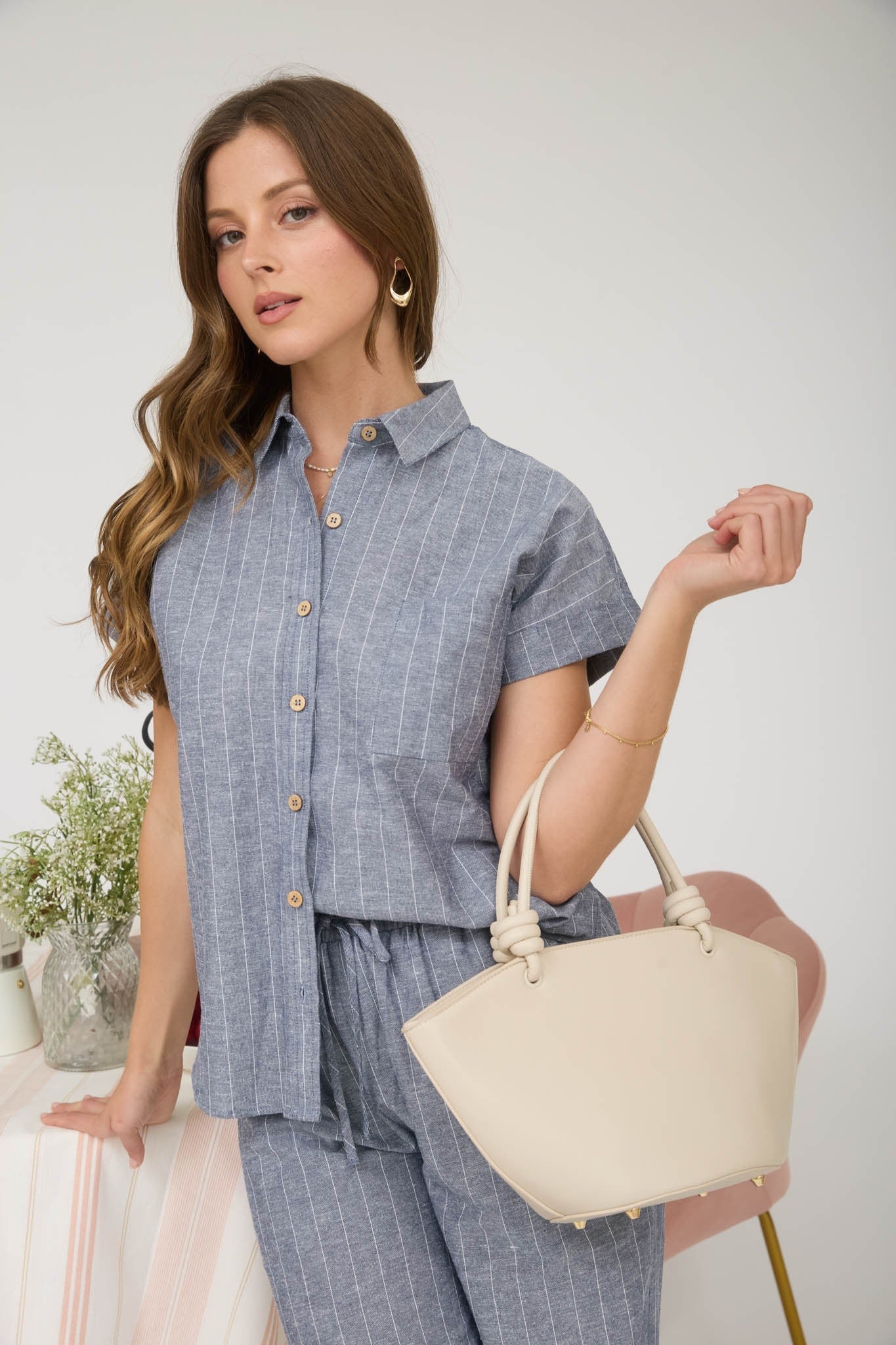 Linen Blend Collared Short Sleeve Top (S - L)
