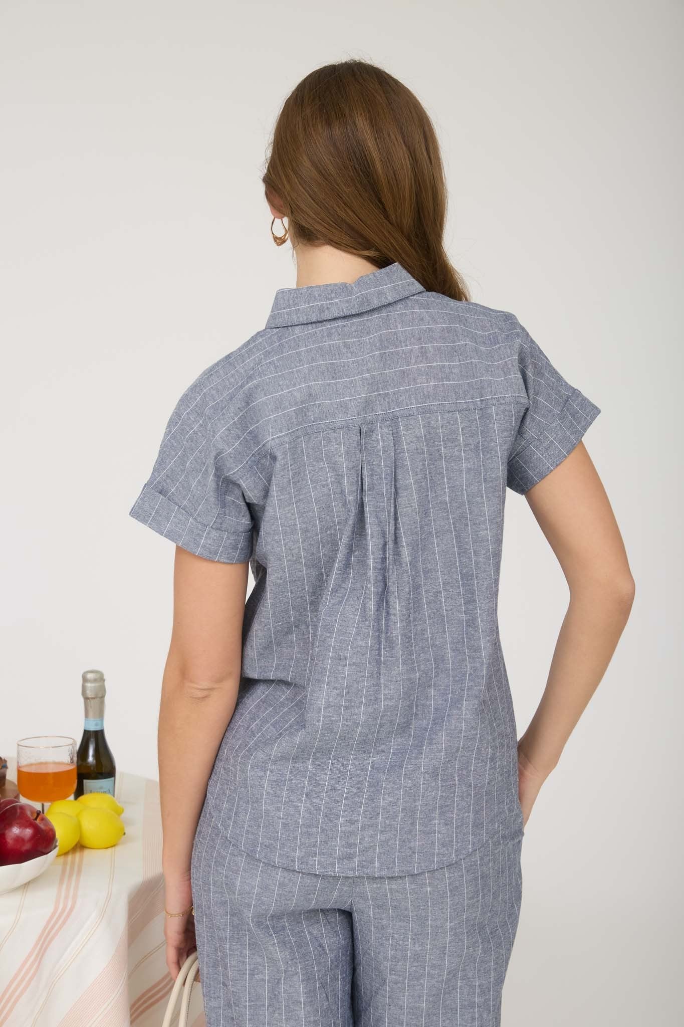 Linen Blend Collared Short Sleeve Top (S - L)