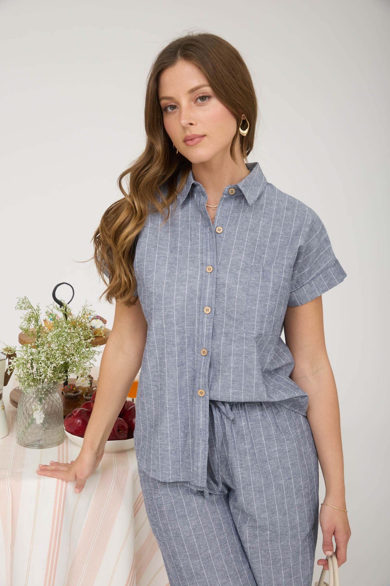Linen Blend Collared Short Sleeve Top (S - L)