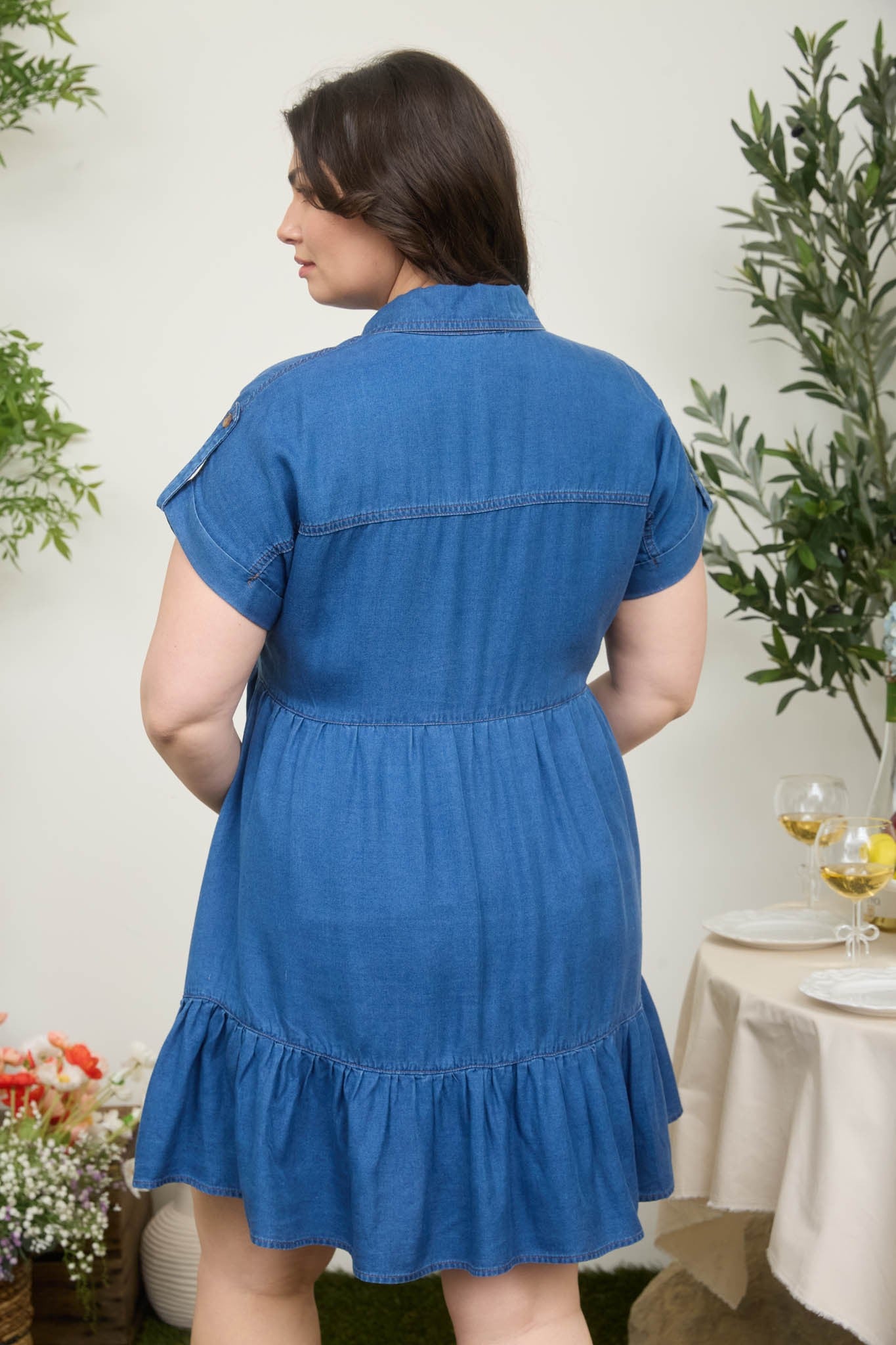 Short Sleeve Dark Chambray Button Front Dress (1X - 3X)