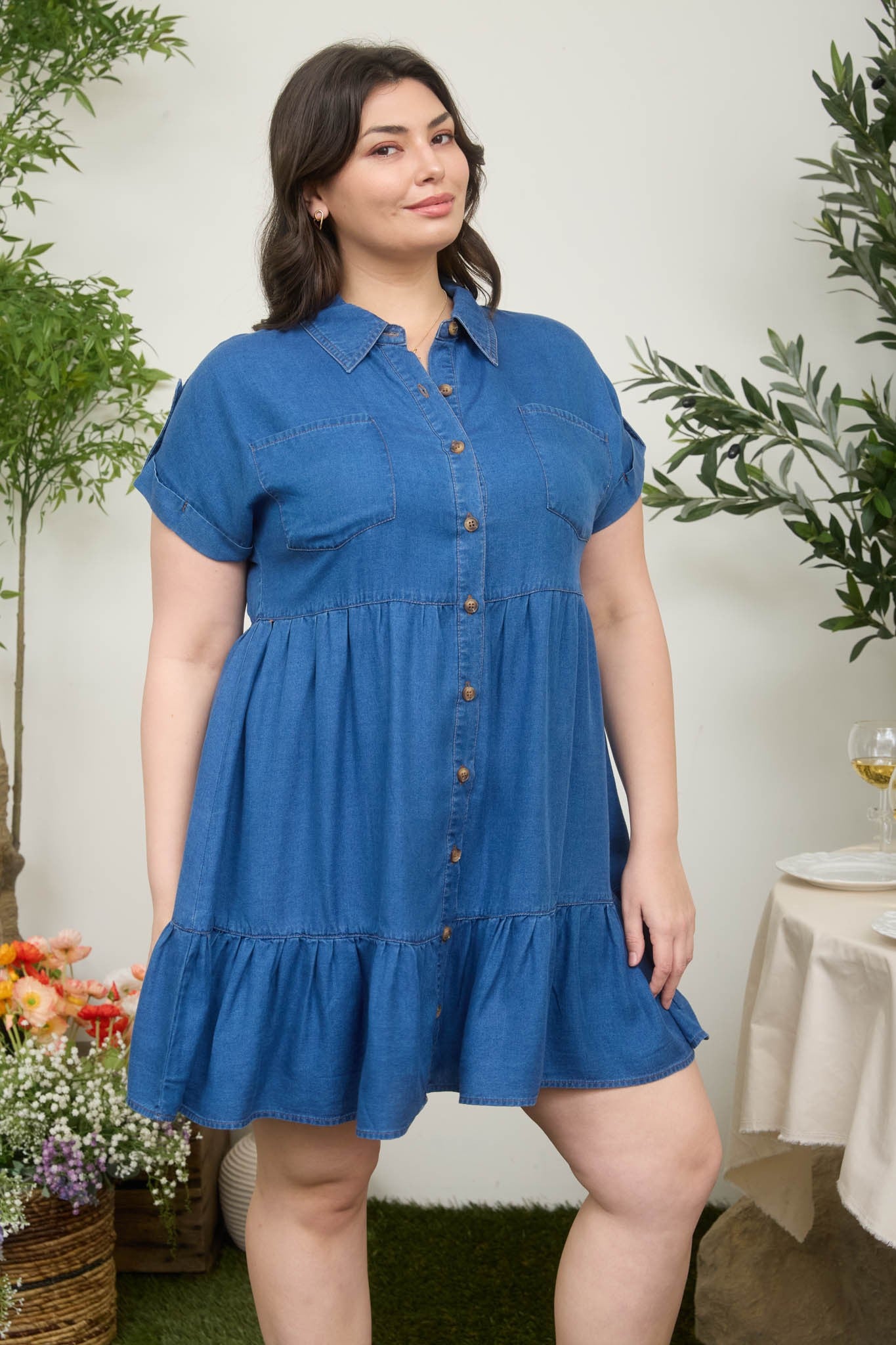 Short Sleeve Dark Chambray Button Front Dress (1X - 3X)