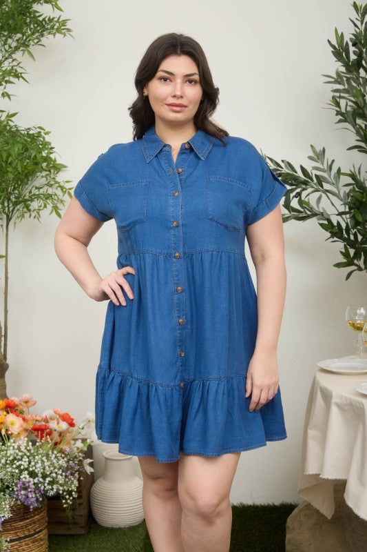 Short Sleeve Dark Chambray Button Front Dress (1X - 3X)