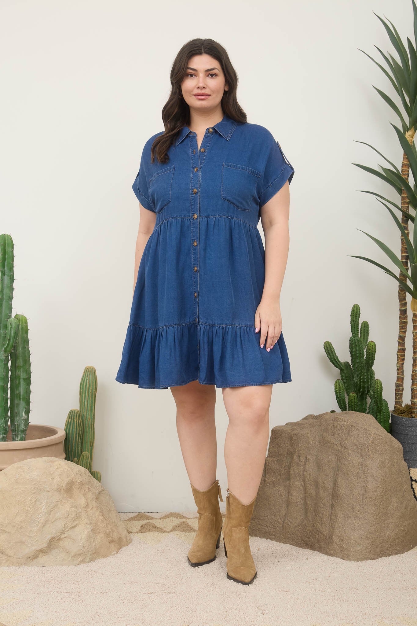 Short Sleeve Dark Chambray Button Front Dress (1X - 3X)