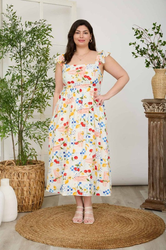 Picnic Print Ruffle Strap Midi Dress (1X - 3X)
