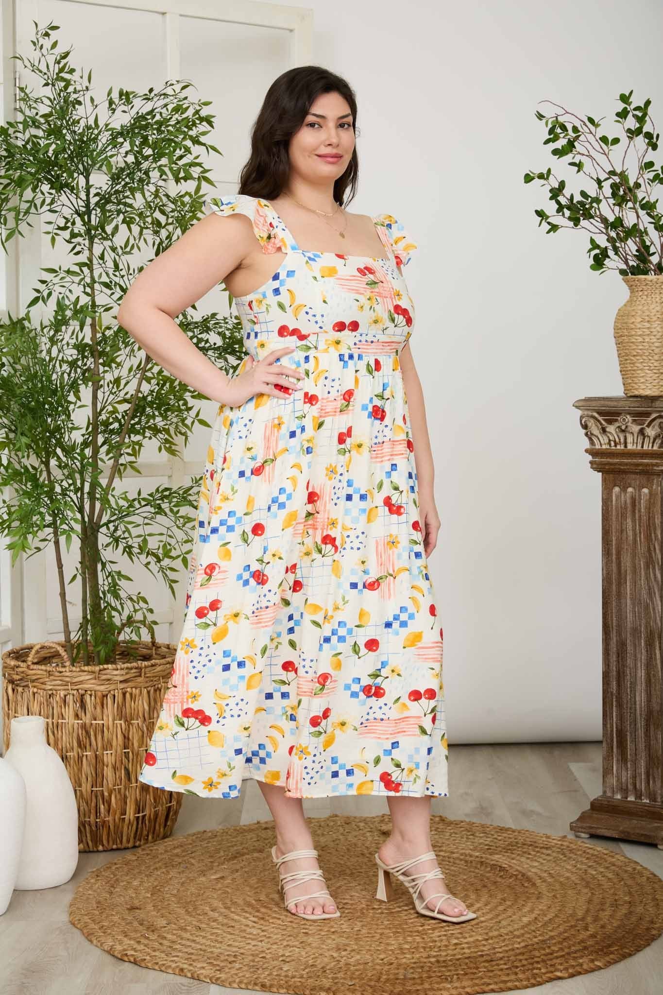 Picnic Print Ruffle Strap Midi Dress (1X - 3X)