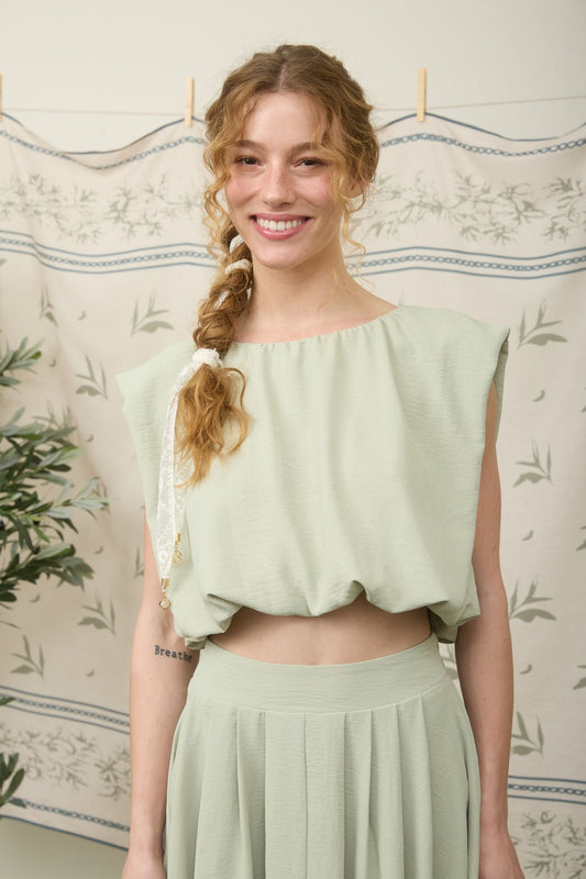 Sleeveless Balloon Hem Crop Top (Light Olive)