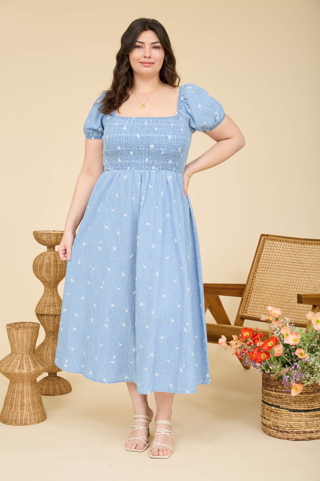 Floral Embroidered Puff Sleeve Denim Midi Dress (1X - 3X)
