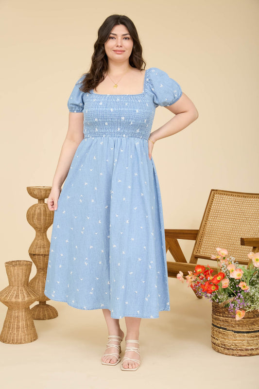 Floral Embroidered Puff Sleeve Denim Midi Dress (1X - 3X)