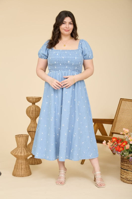 Floral Embroidered Puff Sleeve Denim Midi Dress (1X - 3X)