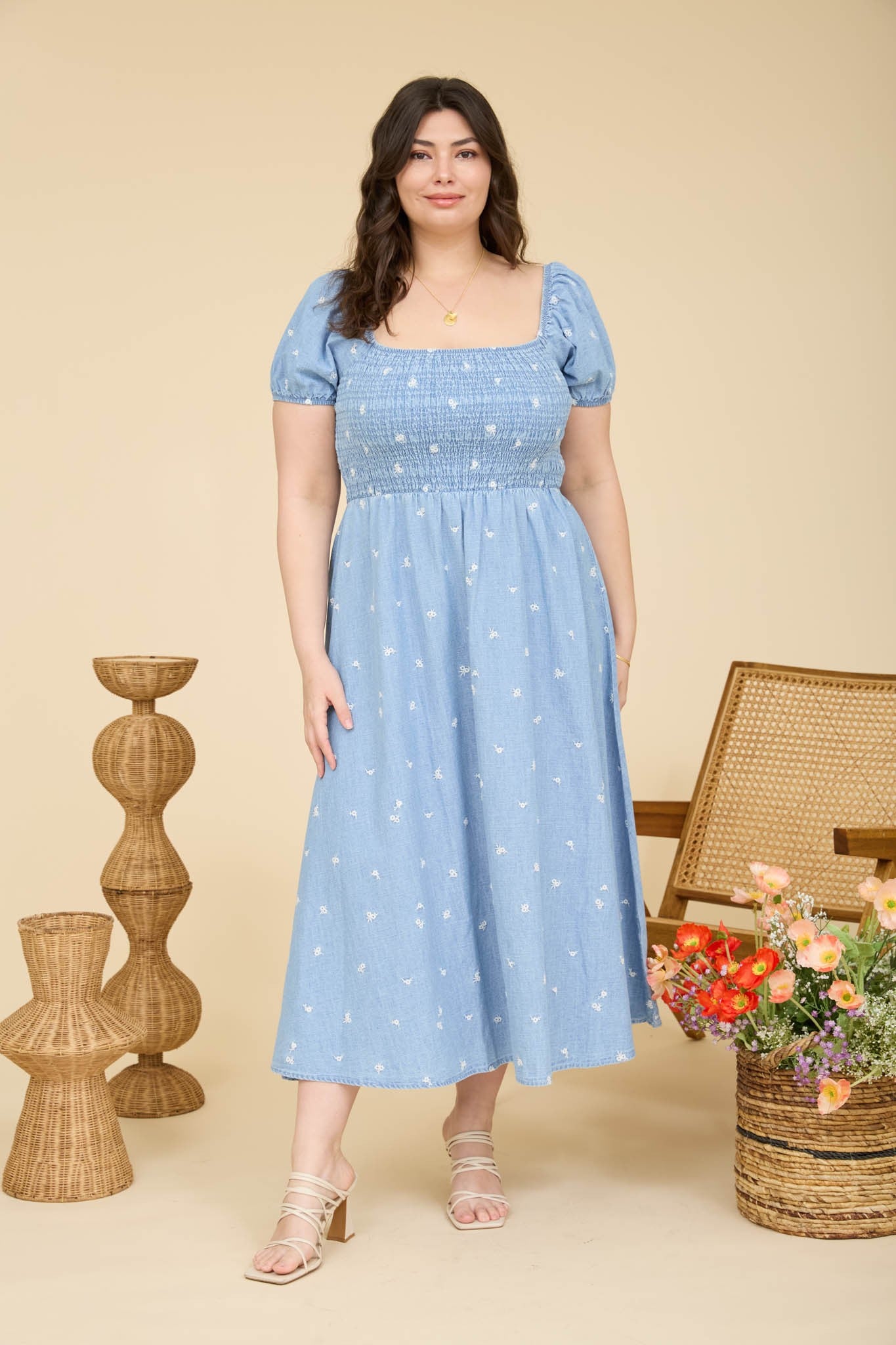 Floral Embroidered Puff Sleeve Denim Midi Dress (1X - 3X)
