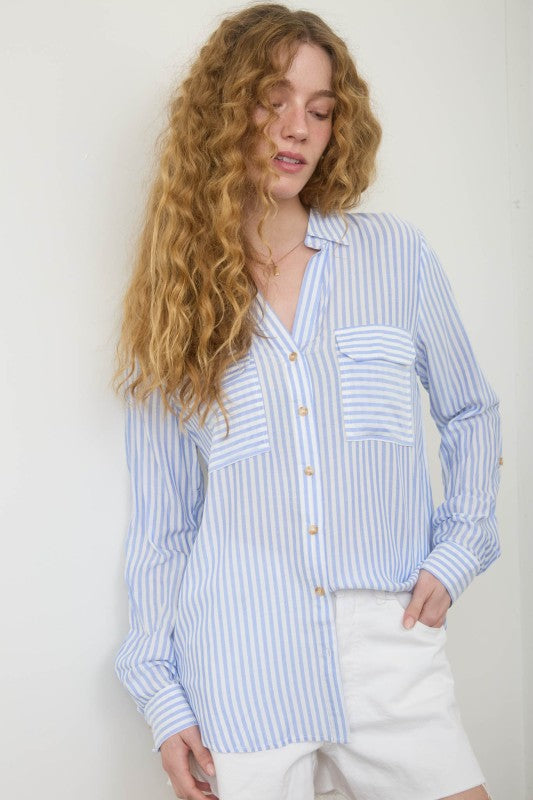 Classic Blue & White Striped Button Front Blouse