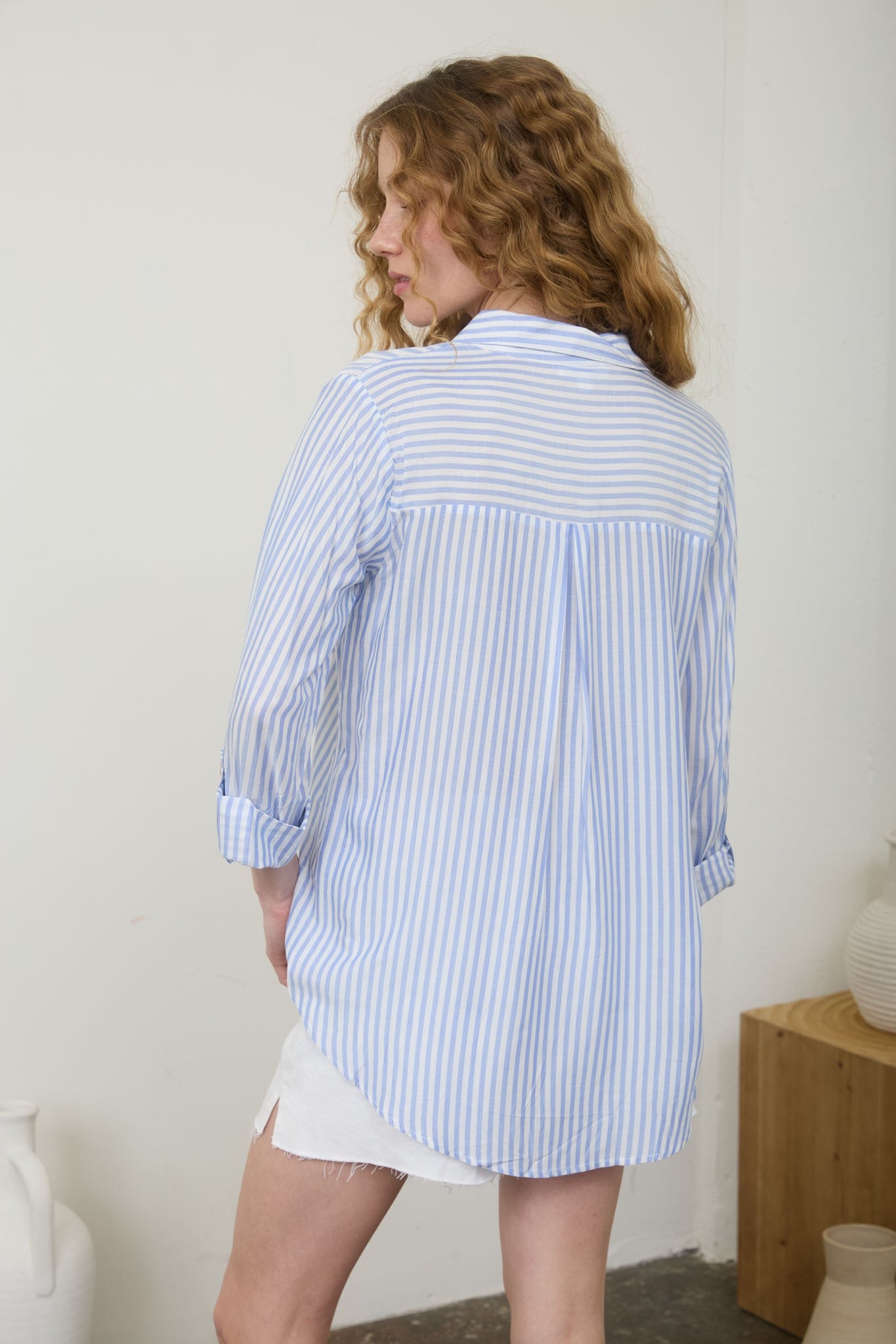 Classic Blue & White Striped Button Front Blouse