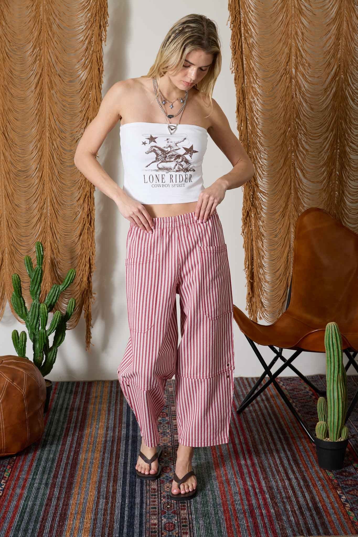 Elastic Waist Oversized Pocket Pants (Red Pinstripe)