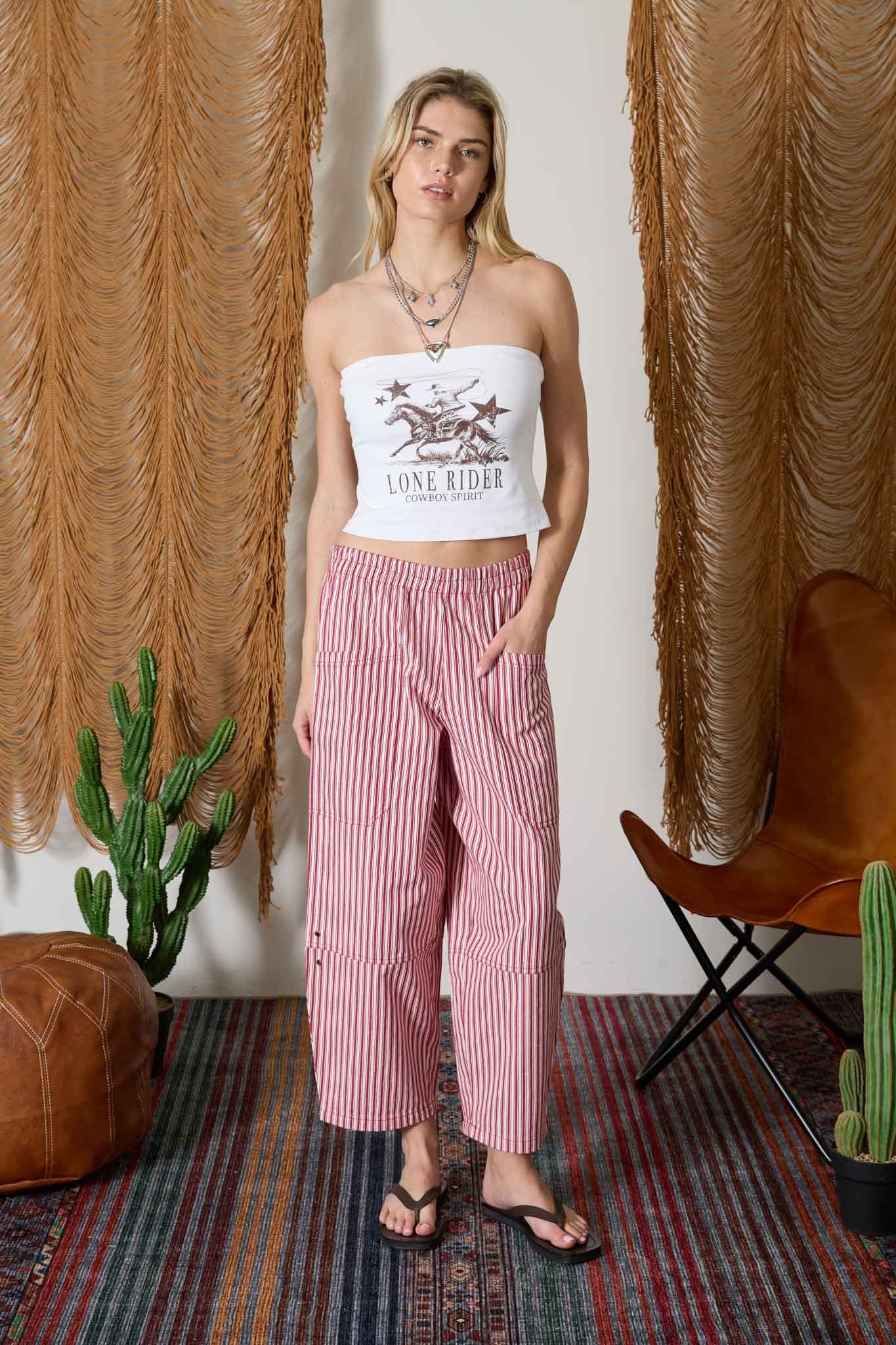 Elastic Waist Oversized Pocket Pants (Red Pinstripe)
