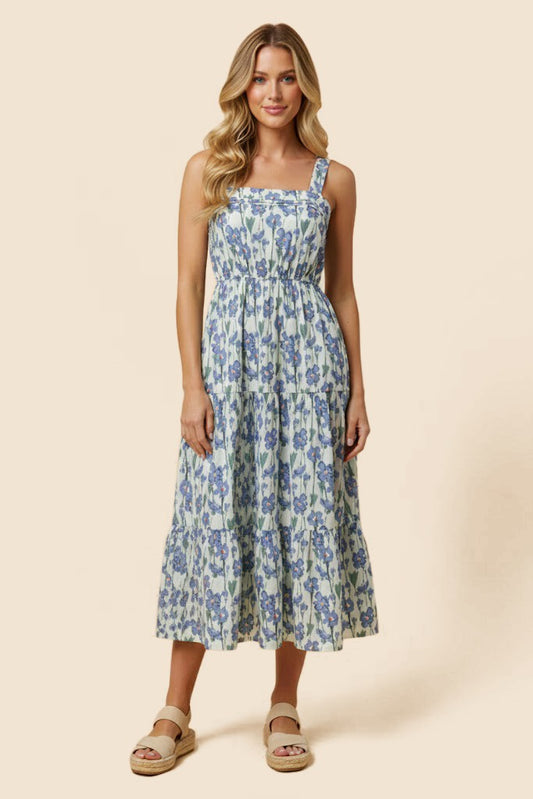 Floral Print Pleat Detail Sleeveless Poplin Dress (S - L)