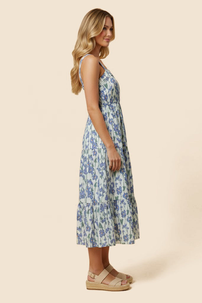 Floral Print Pleat Detail Sleeveless Poplin Dress (S - L)