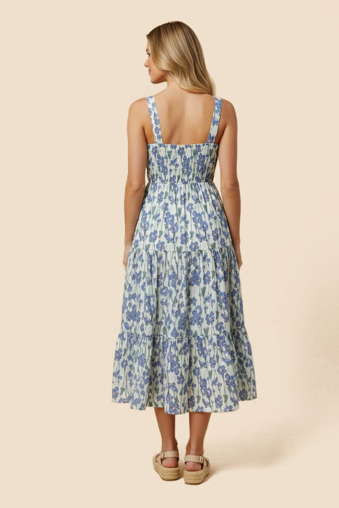 Floral Print Pleat Detail Sleeveless Poplin Dress (S - L)