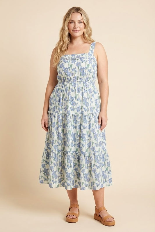 Floral Print Pleat Detail Sleeveless Poplin Dress (1X - 3X)