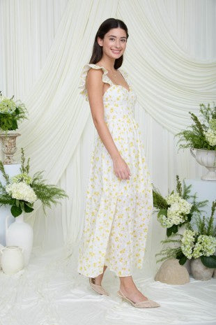 Floral Eyelet Front Slit Corset Top Midi Dress