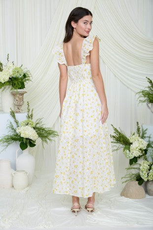 Floral Eyelet Front Slit Corset Top Midi Dress