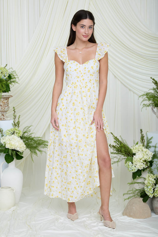 Floral Eyelet Front Slit Corset Top Midi Dress