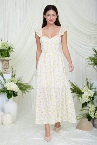 Floral Eyelet Front Slit Corset Top Midi Dress