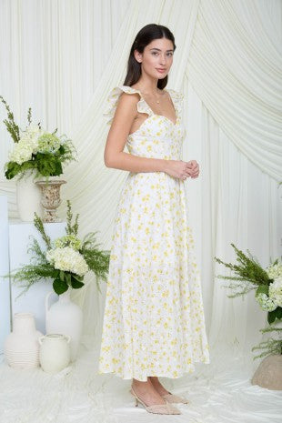 Floral Eyelet Front Slit Corset Top Midi Dress