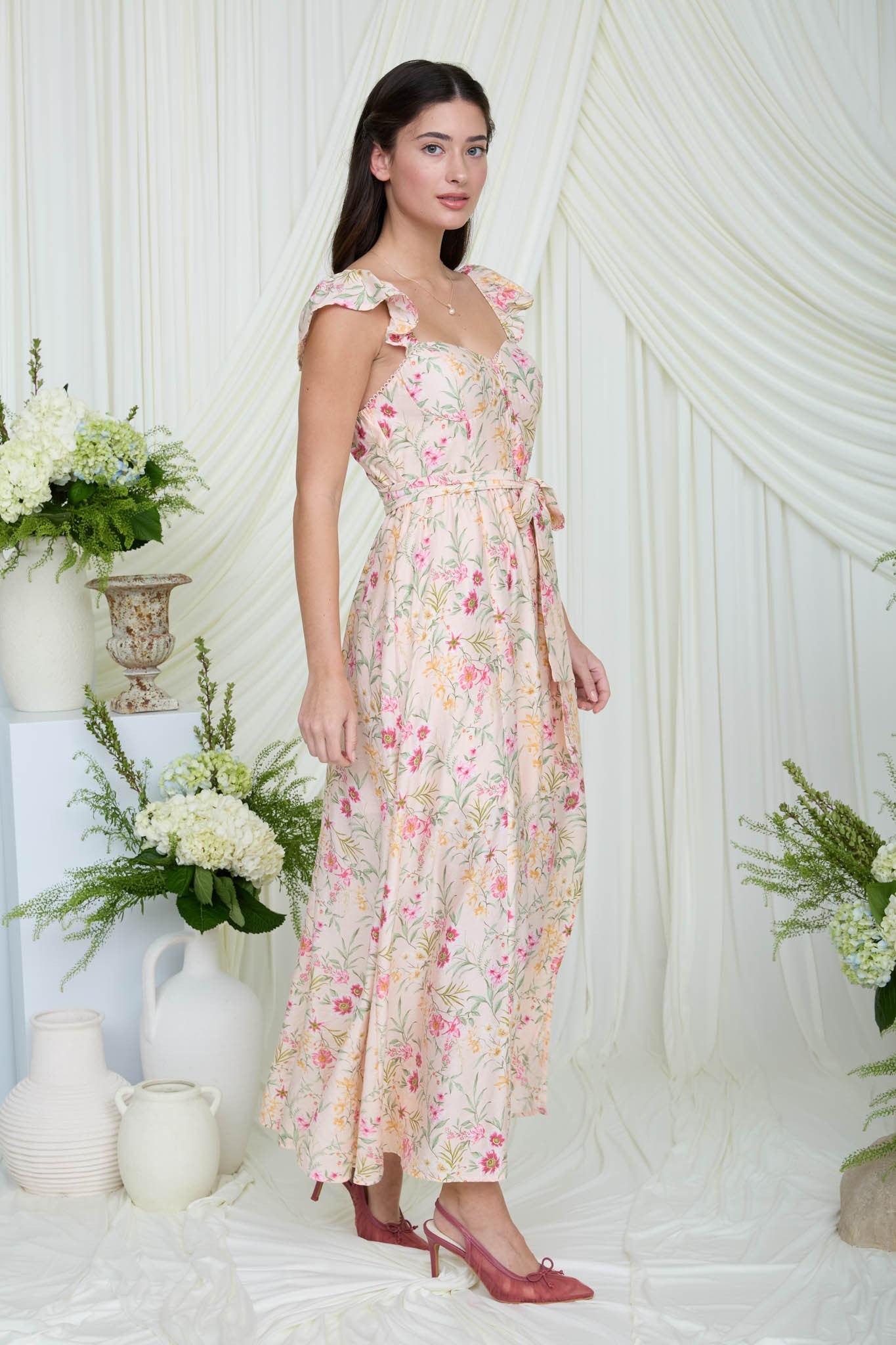 Light Peach Floral Print Corset Top Midi Dress