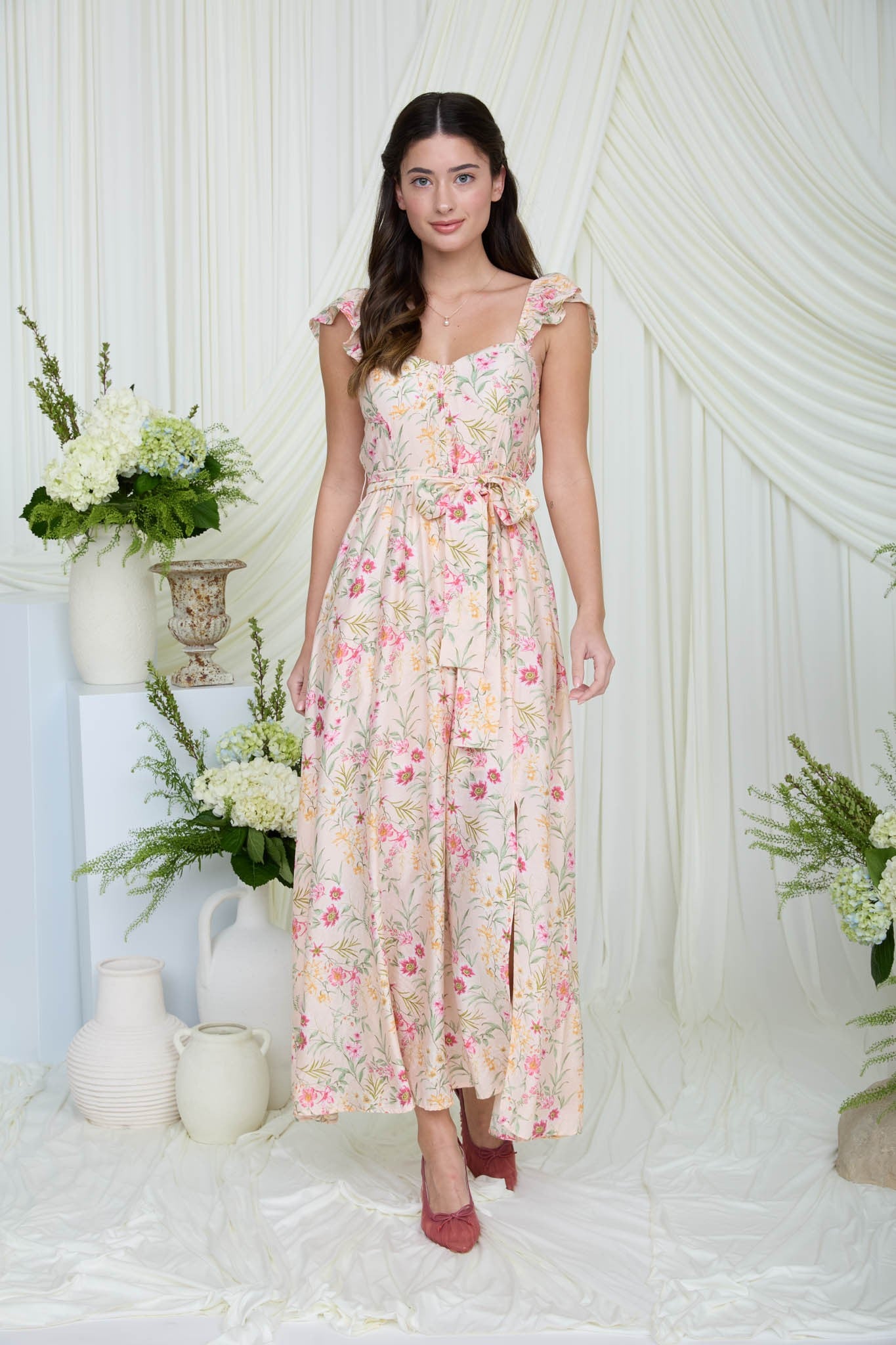 Light Peach Floral Print Corset Top Midi Dress