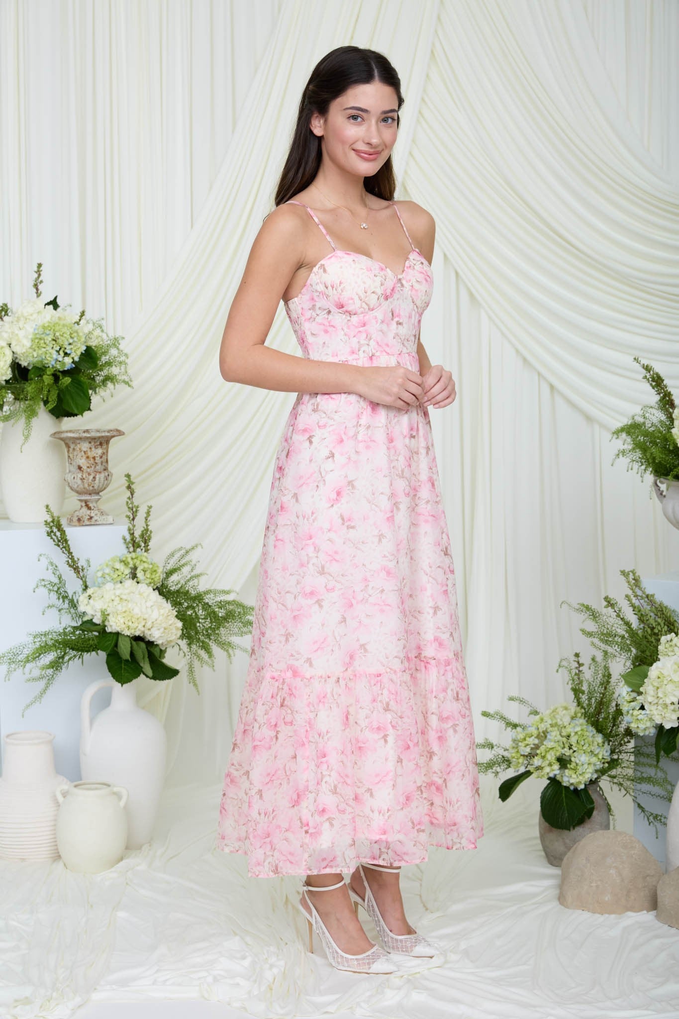 Floral Spaghetti Strap Corset Top Midi Dress