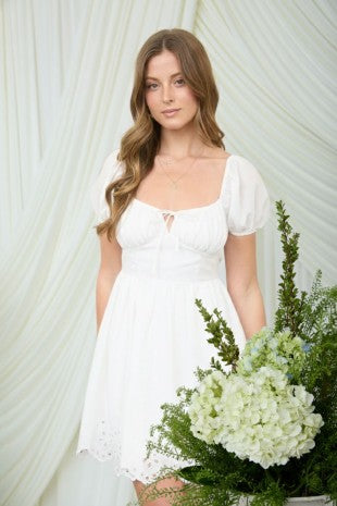 Embroidered Puff Sleeve Scallop Hem Mini Dress