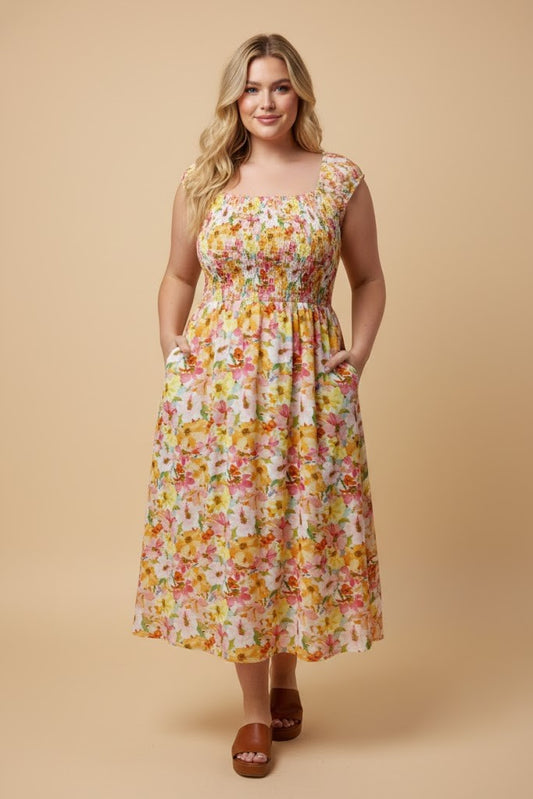 Vivid Floral Smocked Tank Dress (1X - 3X)