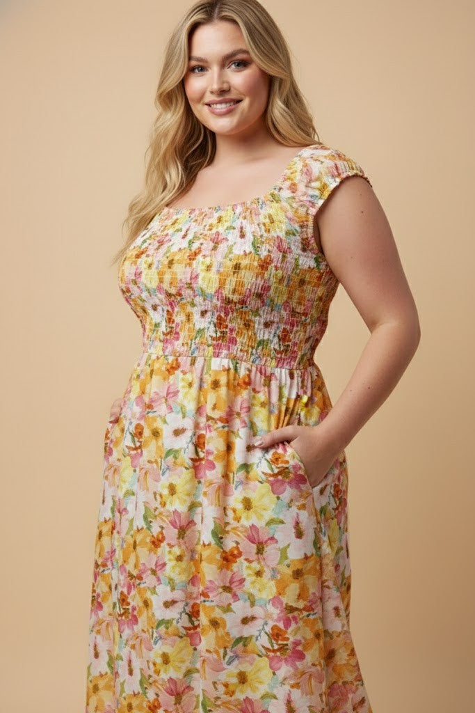 Vivid Floral Smocked Tank Dress (1X - 3X)