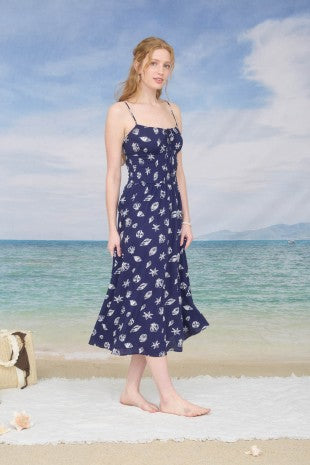 Seashell Motif Spaghetti Strap Midi Dress