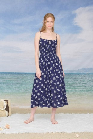 Seashell Motif Spaghetti Strap Midi Dress