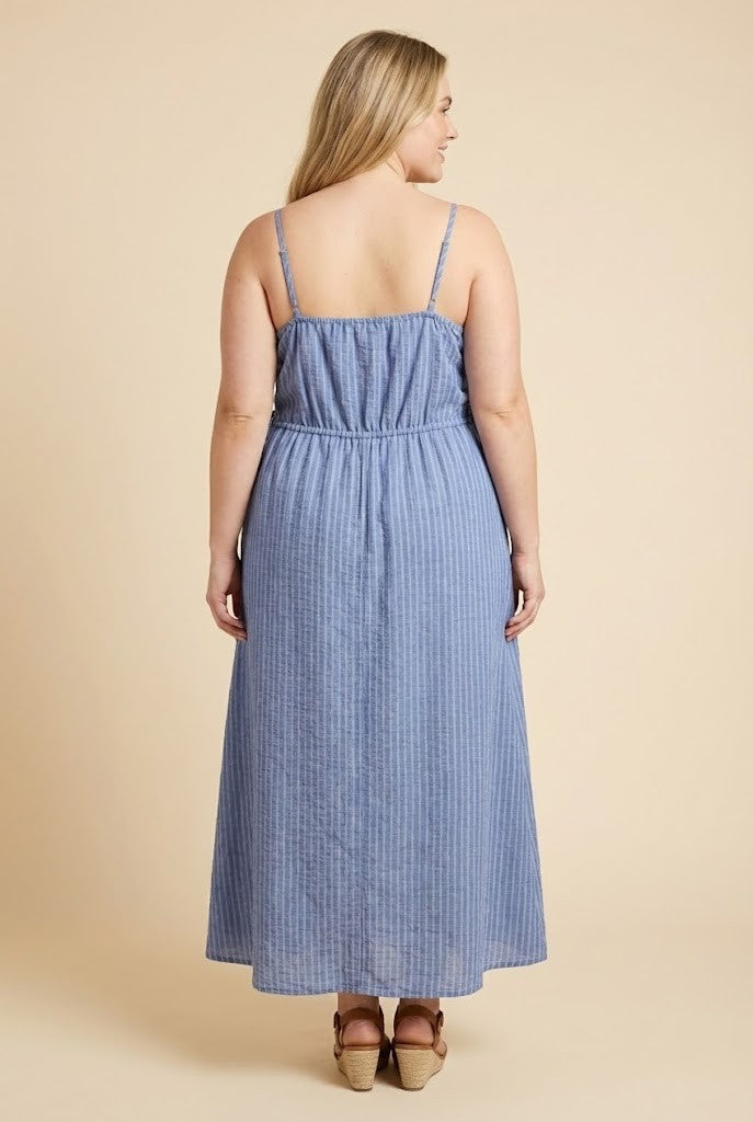 Lace Up Sides Striped Midi Dress (1X - 3X)