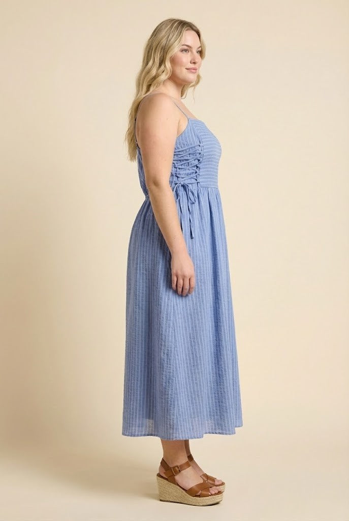 Lace Up Sides Striped Midi Dress (1X - 3X)