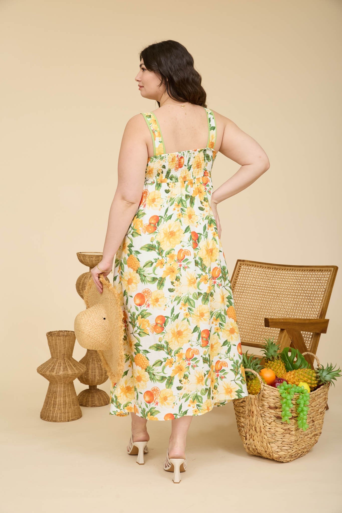 Floral & Fruit Pattern Midi Dress (1X - 3X)