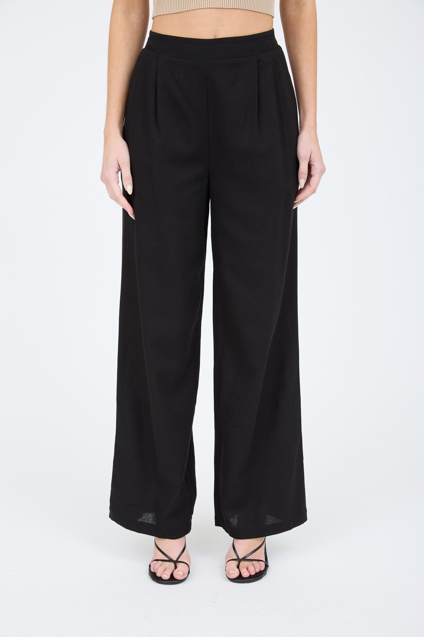High Waisted Front Pleat Linen Blend Pants