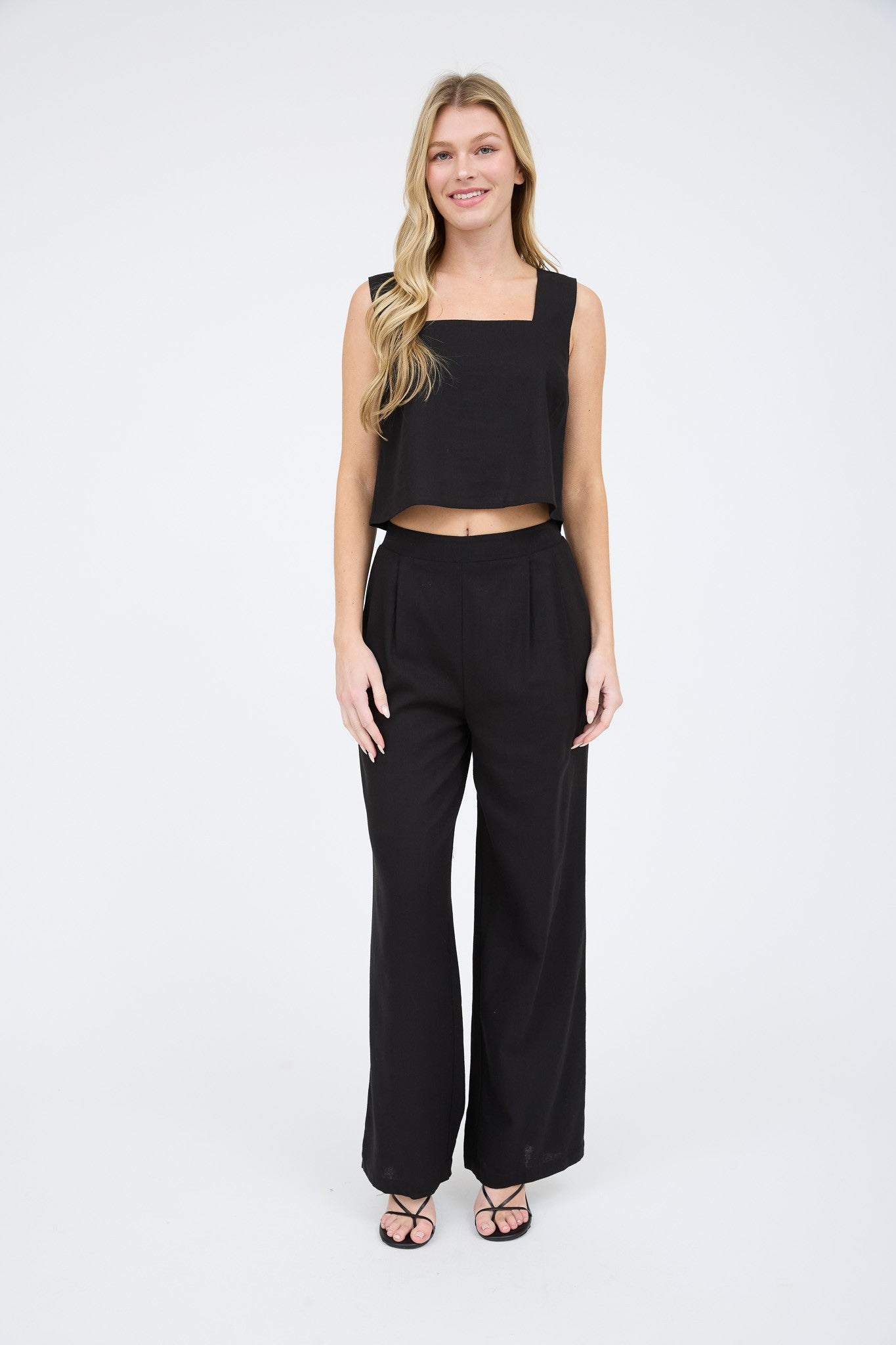High Waisted Front Pleat Linen Blend Pants